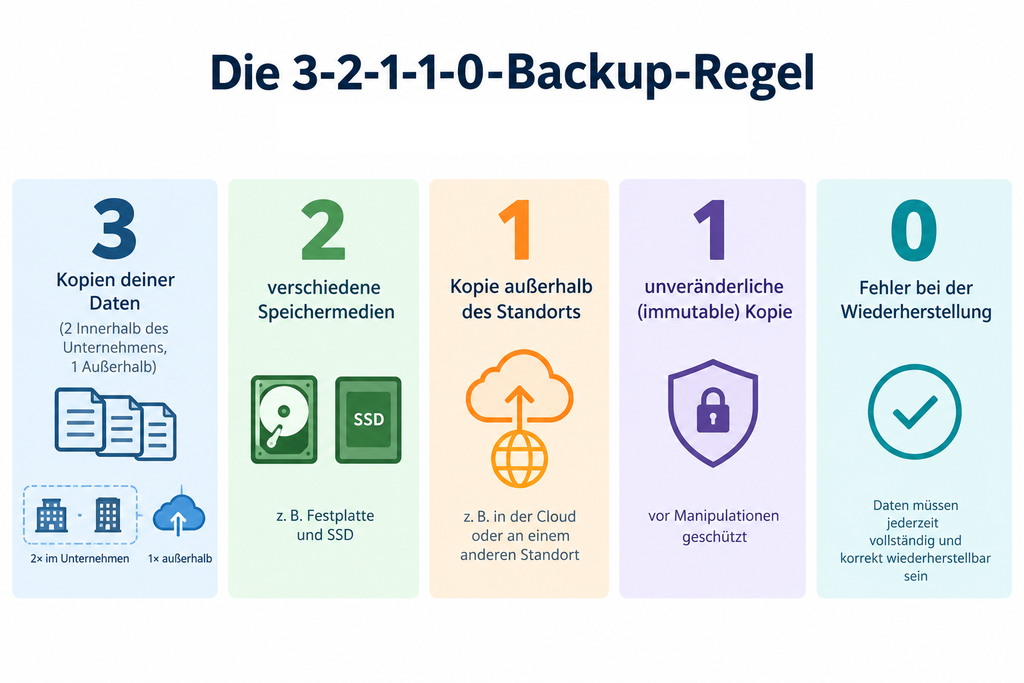 Das Bild zeigt die 3-2-1-1-0 Backupstrategie. Sie soll dem Nutzer die Backup-Strategie für Unternehmen nahebringen