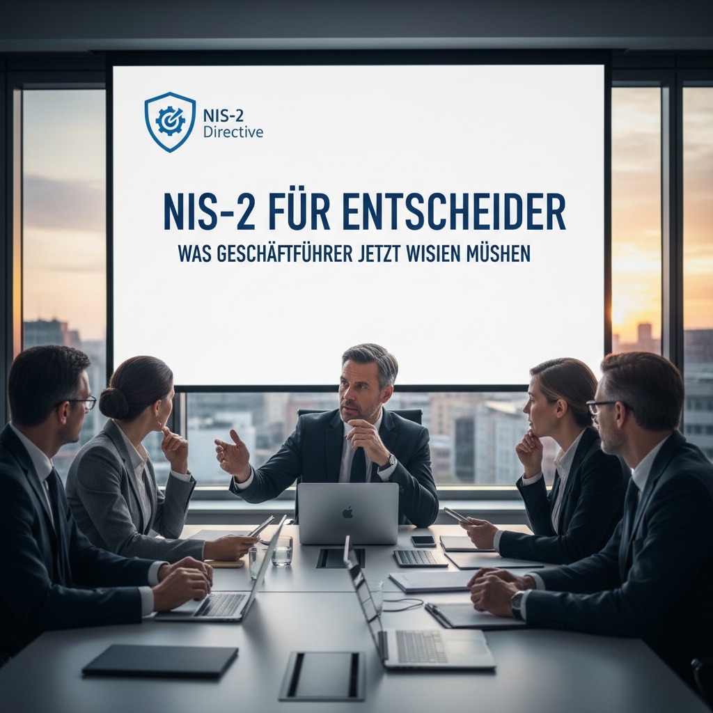 Eine Gruppe von fünf Geschäftsleuten sitzt in einem modernen Konferenzraum vor einer großen Leinwand mit der Aufschrift „NIS-2 für Entscheider“.
